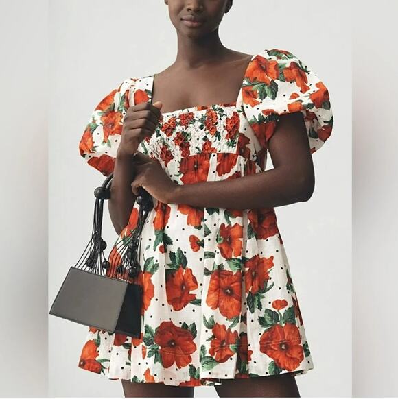 Anthropologie Dresses & Skirts - Anthropologie Maeve Floral Square Neck Smocked Babydoll Mini Dress Red M